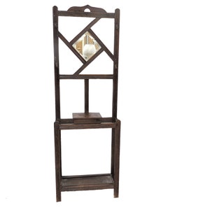 Wood Hall Tree | Antique English Hall Tree and Umbrella Stand With Beveled Mirror, Storage Box and Drip Pan