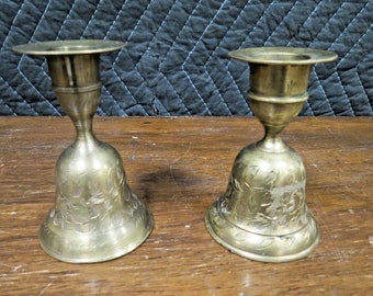 2 Vintage Etched Brass Ringing Bell Candlestick Candle Holders Floral Design 4"