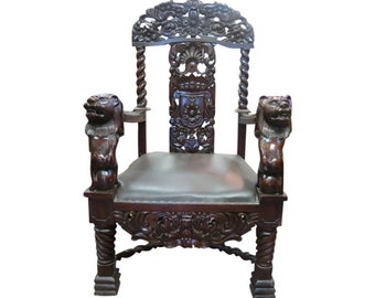 Vintage Throne Chair Or Accent Chair | Oversized Chair | Large Chair | Carved Wood Chair