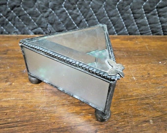 Vintage Glass Trinket Box Or Jewelry Box - Butterfly Accent, Hinged Beveled Top