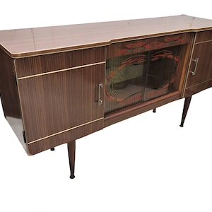 Cocktail Cabinet | English Mid Century Formica Cocktail Sideboard With Stenciled Glass