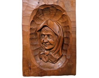 Vintage 3D Relief Carved Wood Woman Face Portrait Signed GW Wall Hanging