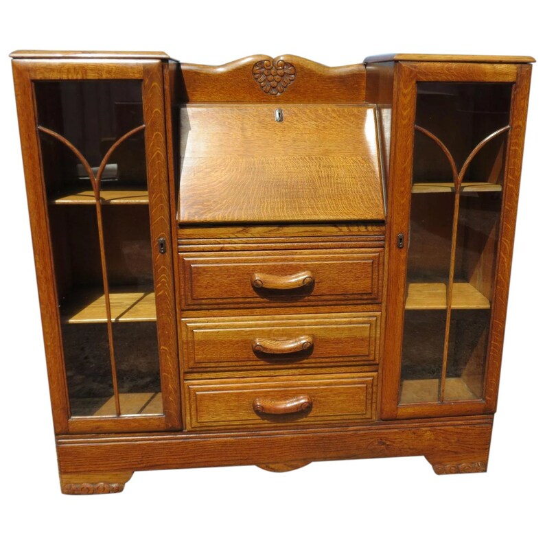 Vintage English Tiger Oak Drop Front Secretary With Side By Etsy