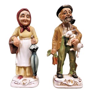 2 Vintage Ucagco Japan Ceramics Figurines - Old Man & Old Woman