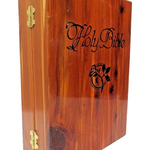 Vintage Cedar Holy Bible Box - Wooden Hinged Storage Case Red Velvet Lined Wood