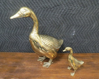 Brass Figures | Mid Century Brass Goose and Gosling Vintage Life Size Heavy Mother & Baby Duck