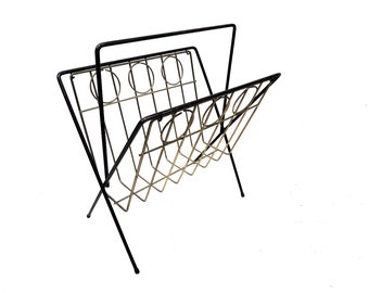 Vintage Mid Century Modern Metal Wire Black/Gold Magazine Rack