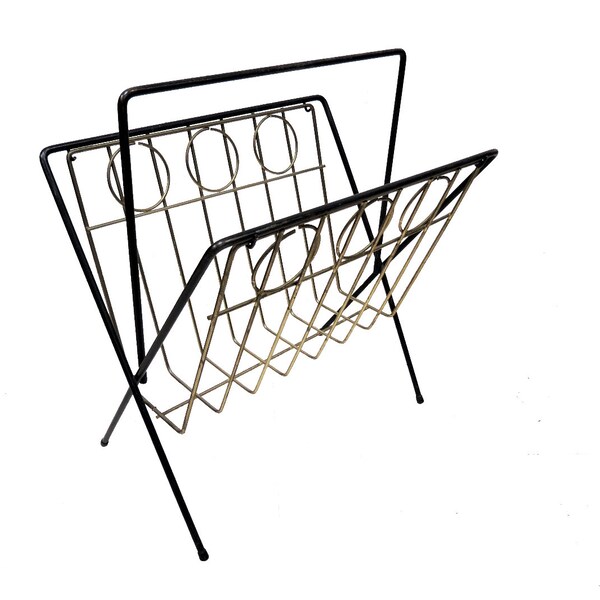 Vintage Mid Century Modern Metal Wire Black/Gold Magazine Rack