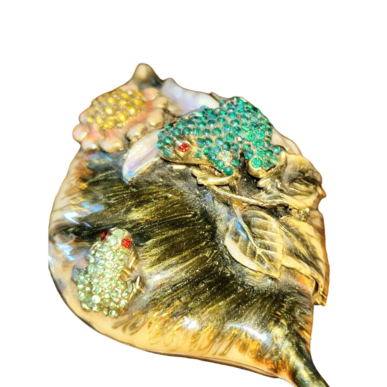 Vintage Enameled/jeweled Frog & Flower/ Leaf /lily Pad Shaped