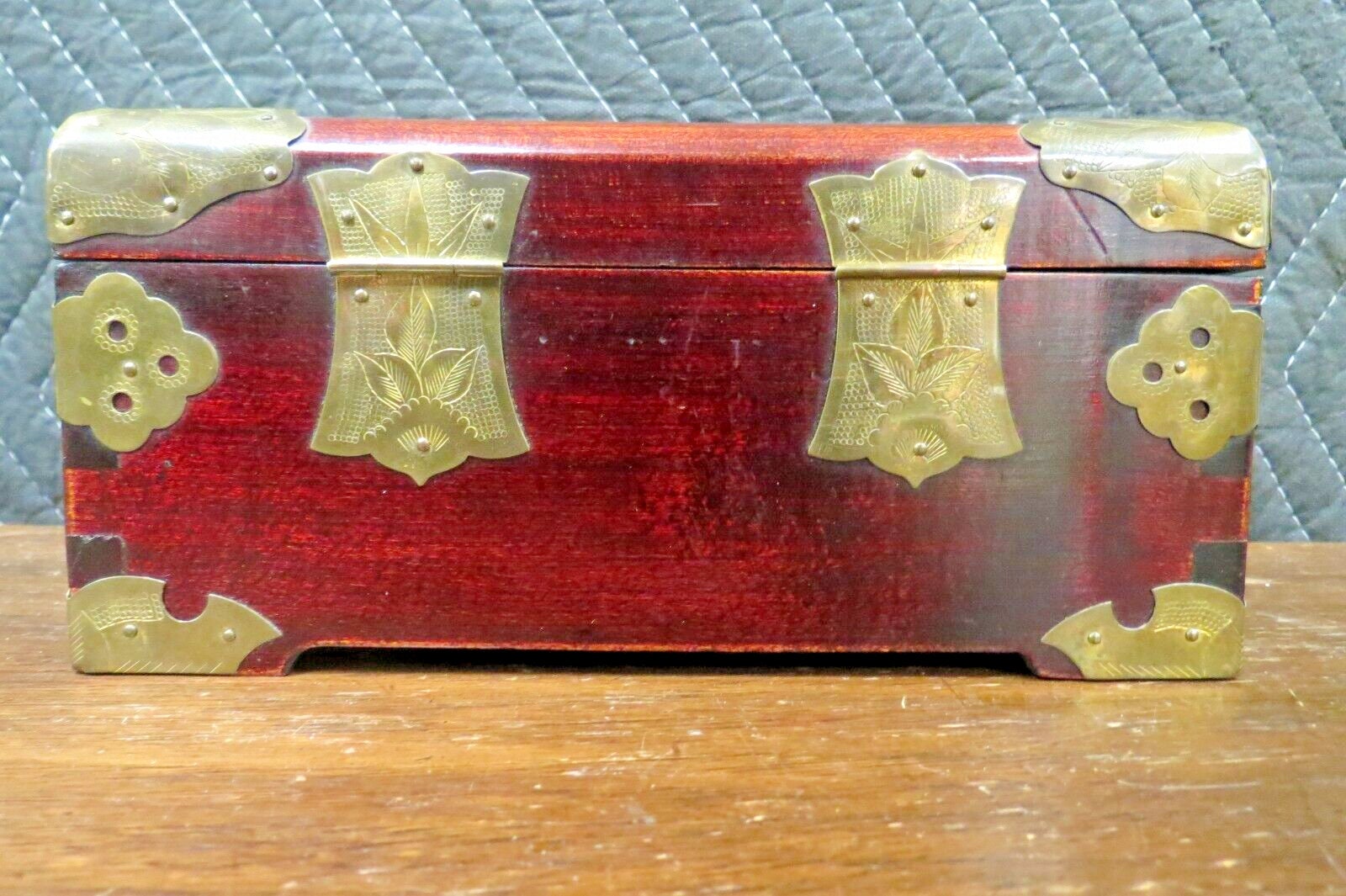 Vintage Chinese Jewelry Box - Asian Cherry Wood, Brass and Enamel