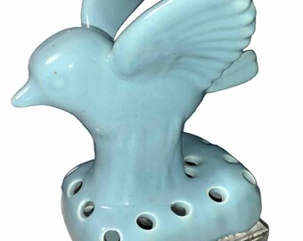 Vintage Camark Art Pottery Bird Flower Frog Vase Planter Canary Blue Ceramic