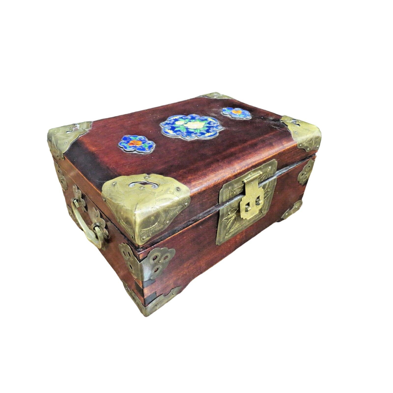 Vintage Chinese Jewelry Box - Asian Cherry Wood, Brass and Enamel