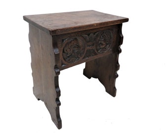 Small Wooden Stool | Antique English Dark Oak Carved Wood Lift Top Stool
