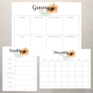 Floral Watercolor Grocery List & Menu