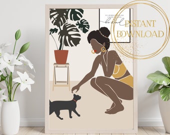 Abstract African Woman Art, Female Art, Black Woman Mid Century Modern Art, Boho Wall Art, Contemporary Wall Art, Cat, Girl and Cat Painting