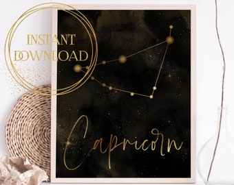 Golden Capricorn Zodiac Printable, Astrology Wall Art Printable, Zodiac Constellation, Astrology Sign, Zodiac Sign Print, Instant Download