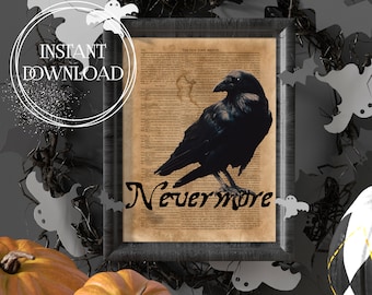 Edgar Allan Poe The Raven, Nevermore, Unique Halloween, Halloween Sign, Gothic Home Decor, Poetry, Halloween Print, Unique Gift, Book Pages