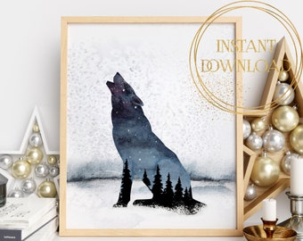 Dark Winter Woodland Wolf Digital Print, Christmas Gifts, Howling Wolf, Woodland Nursery Decor, Winter Holiday Decor, Watercolor Print