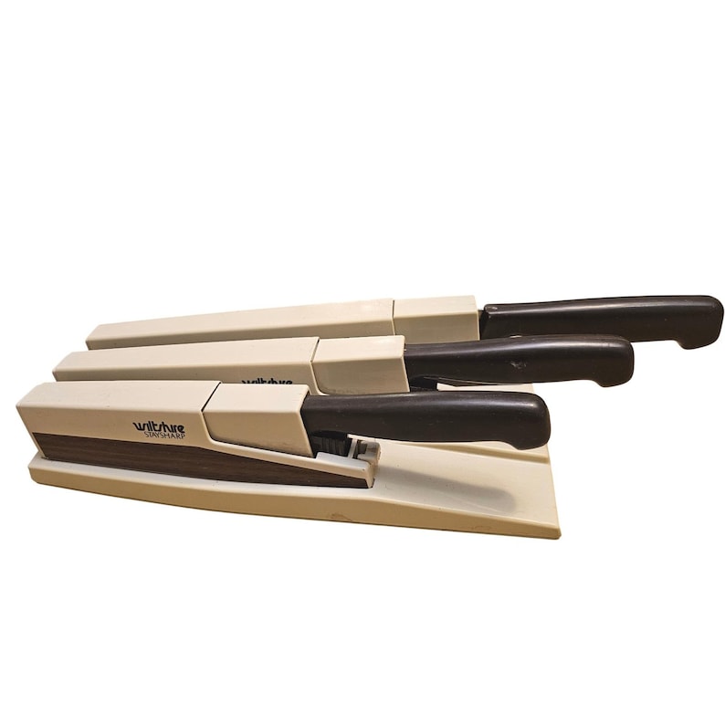 Vintage Wiltshire Staysharp 3 Piece Knife Set Self Sharpening Wall Mount Cream image 1