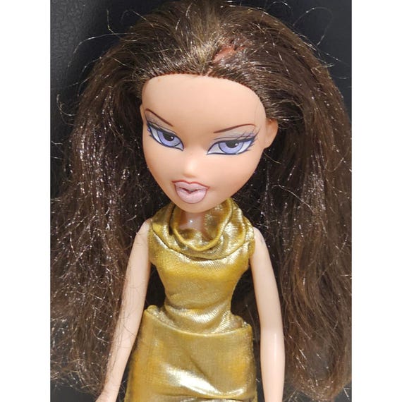 bratz doll gold dress Dana MGA Entertainment Sparkly Shoes Long Brown Hair Chic Gold Maxi Dress for Formal Dinners