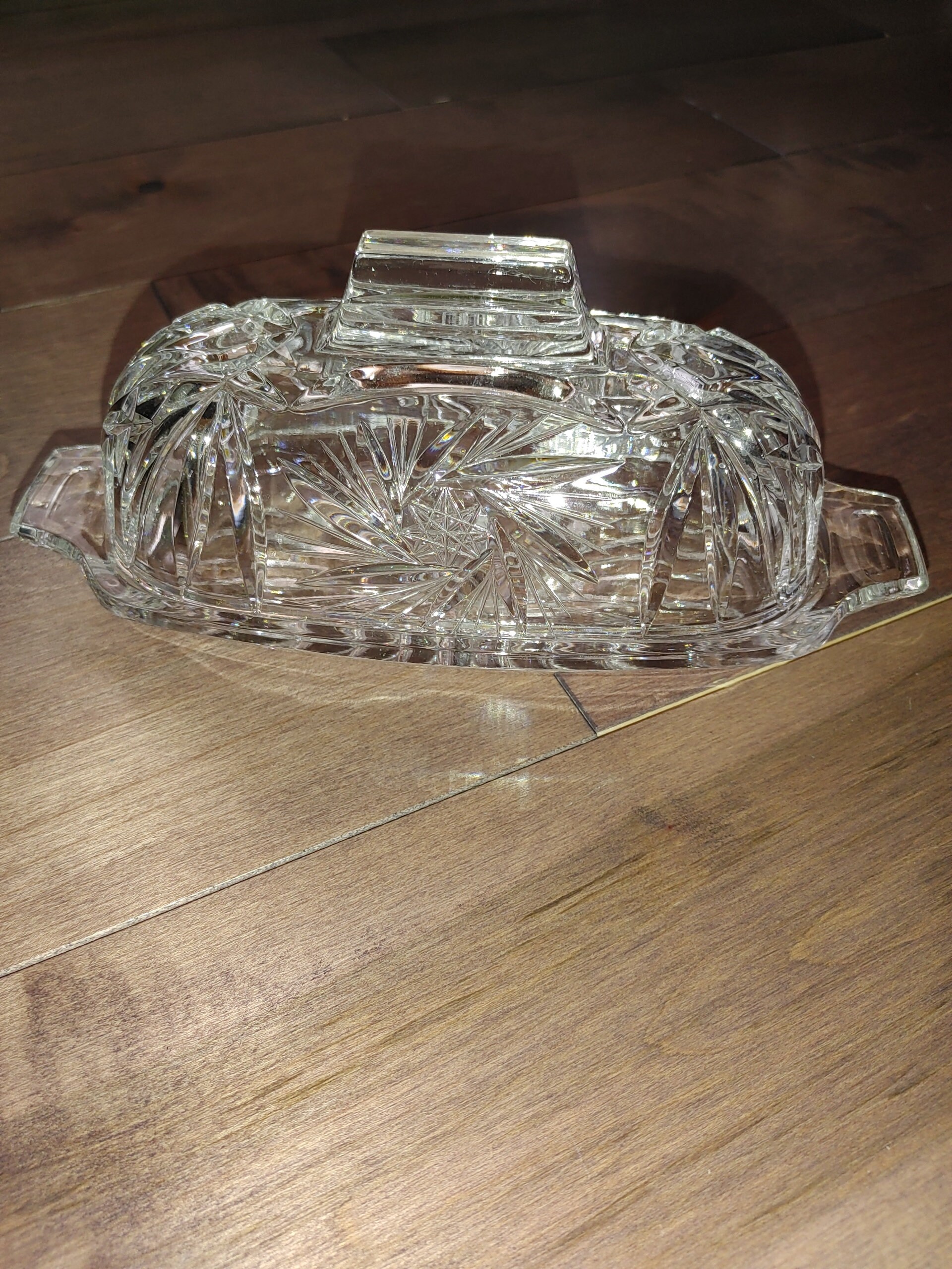 Crystal Glass Butter Dish with Handled Lid Diamond Cuts Hand Etsy