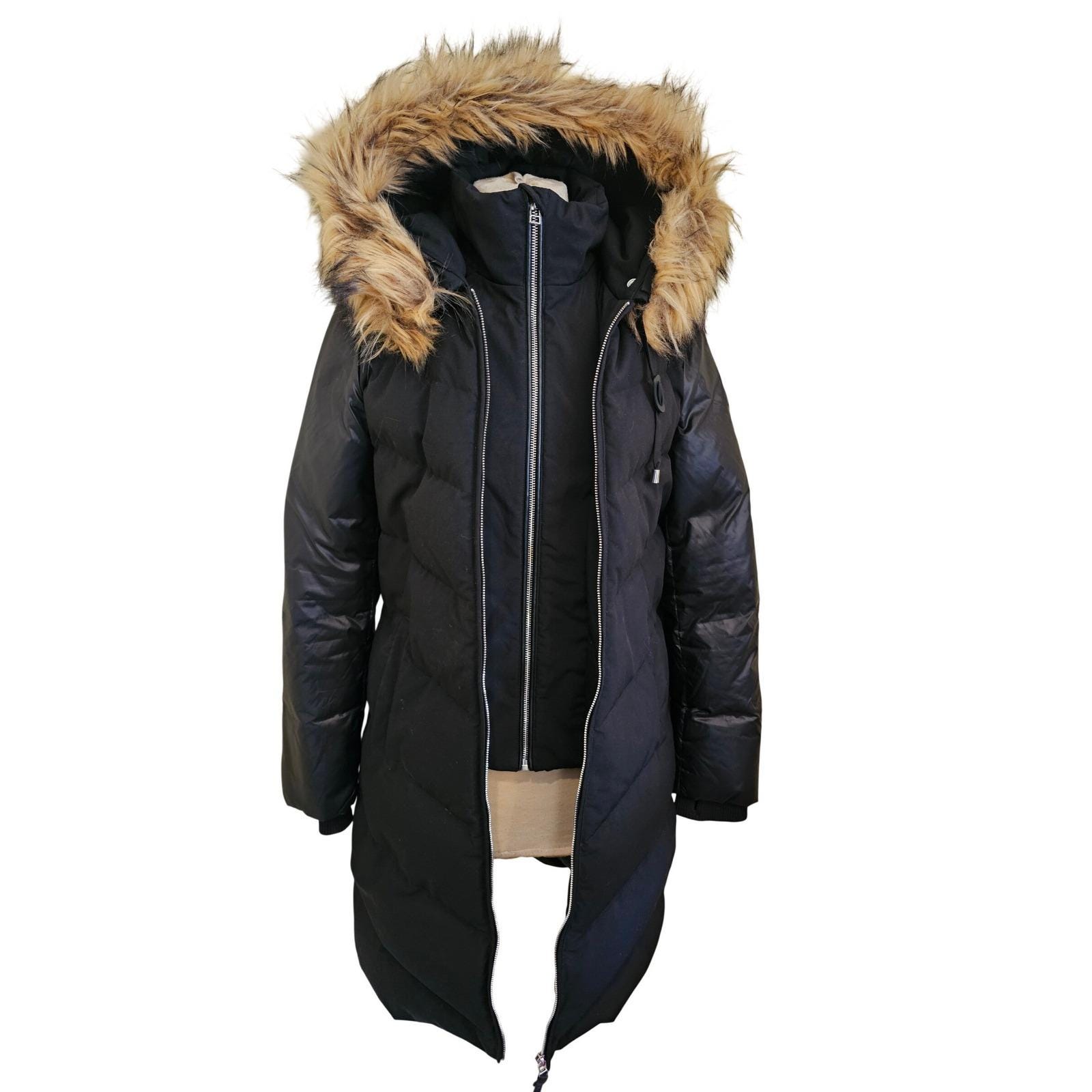 ATELIER NOIR Black Puffer Coat Fur Hood Down Blend Winter Warm