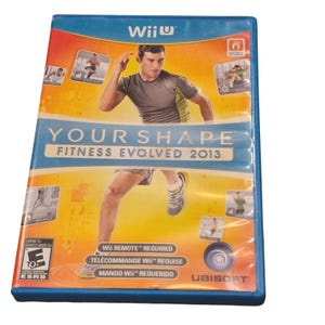 May include: A blue Wii U game case for "Your Shape: Fitness Evolved 2013." The cover features a man in athletic wear, with the game's title in large, blue letters. Additional text includes "Wii Remote Required" and the ESRB rating.