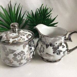 3 pieces creamer and Sugar set silver design floral