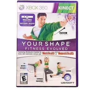 May include: An Xbox 360 Kinect video game case for Your Shape Fitness Evolved. The cover features a person in a green shirt, exercise graphics, and text including Requires Kinect Sensor, Men's Health, Women's Health, and an ESRB E rating symbol.