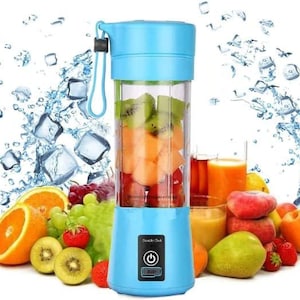 May include: A blue portable blender with a clear container filled with fruit. The blender has a power button and the text "Double Click" on the side. The blender is surrounded by fruit, including oranges, strawberries, kiwi, and pears.