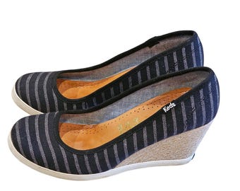 Keds Womens Navy Blue White Striped Canvas Espadrille Wedge Heels 3In Heel 7.5