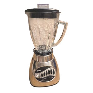 May include: A silver and glass Oster blender with a black lid. The blender has a clear glass jug with measurements in cups. The base has control buttons and the Oster logo.
