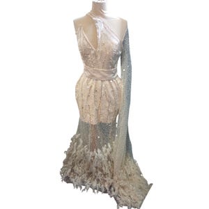 Puede incluir: Un vestido largo asimétrico en color crema y plata, con un corpiño transparente con adornos de cuentas verticales, una cintura ajustada y una falda adornada con plumas densas y superpuestas en el dobladillo y una manga larga con lentejuelas.
