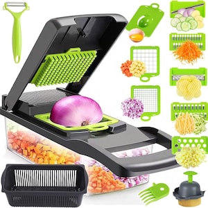 May include: A black and green vegetable chopper with a clear container and multiple interchangeable blades. The blades are for slicing, dicing, julienning, and grating vegetables. The chopper comes with a peeler and a potato masher.