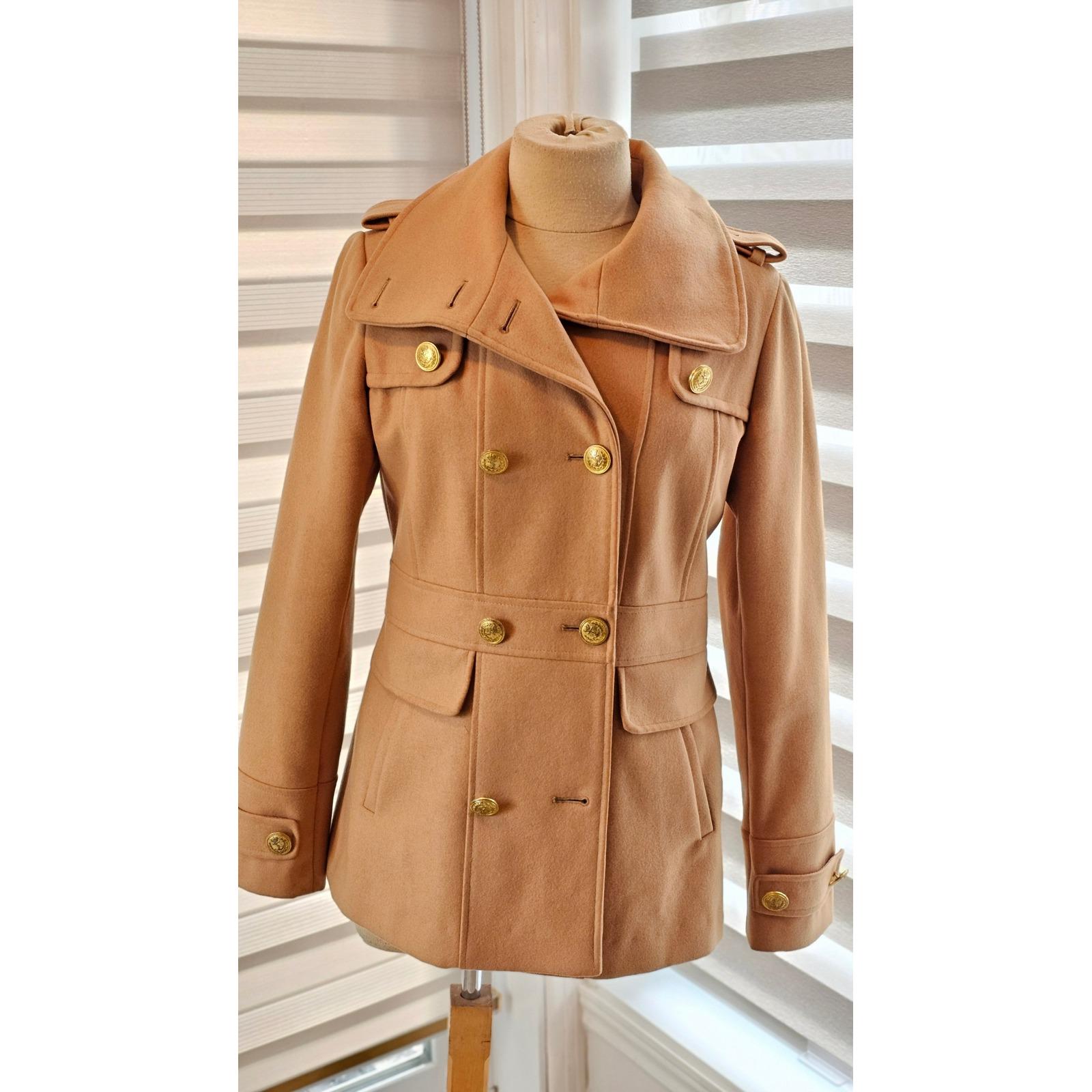 希少 美品 T/SEHNE DOUBLE LAYERED PEA COAT 50 Green Envy Camel Double Breasted Military Style Wool Blend Coat