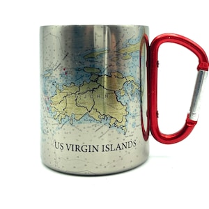 Carta náutica das Ilhas Virgens dos EUA, mosquetão, caneca de café, mapa, vela, presentes de barco