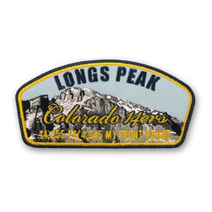 May include: A blue and yellow embroidered patch with a mountain scene and the text "Longs Peak Colorado 14ers 14,255 FT (4,345 M) Front Range".