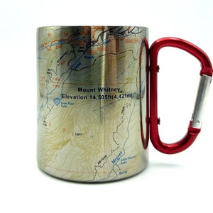 Mount Whitney &quot;Mountaineer&#39;s Route&quot; Map Carabiner Coffee Mug Trail Map, Hiking Trekking Backpacker Gifts