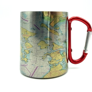 Carta náutica das Ilhas San Juan, mosquetão, caneca de café, mapa, vela, presentes de barco