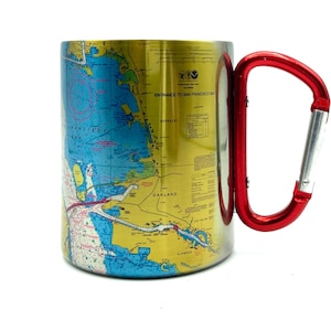 Carta náutica da baía de São Francisco, caneca de café com mosquetão, mapa, vela, presentes para passeios de barco