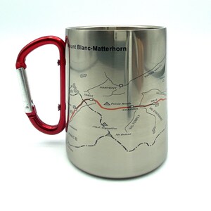 Mount Blanc to Matterhorn Carabiner Coffee Mug Map, Hiking Trekking Backpacker Gifts