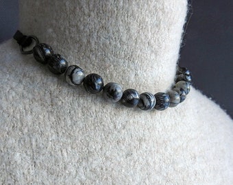 Black gray beaded choker necklace / Gemstone choker / Adjustable necklace