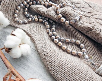 Knotted pearl necklace tassel gray freshwater pearl silver crystal bead pendant long bead sweater necklace gift for mom women wife