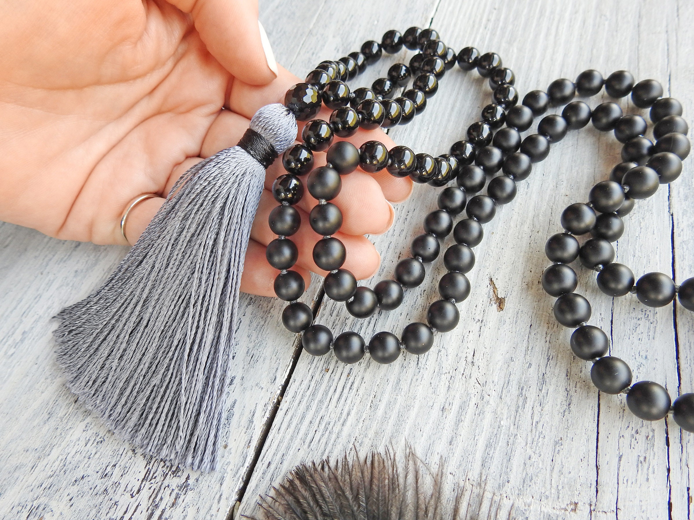 Black 108 mala necklace / Long bead necklace for men / Black Etsy