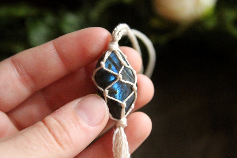 Macrame Polished Labradorite Necklace with Silver Toggle Clasp and Tassel