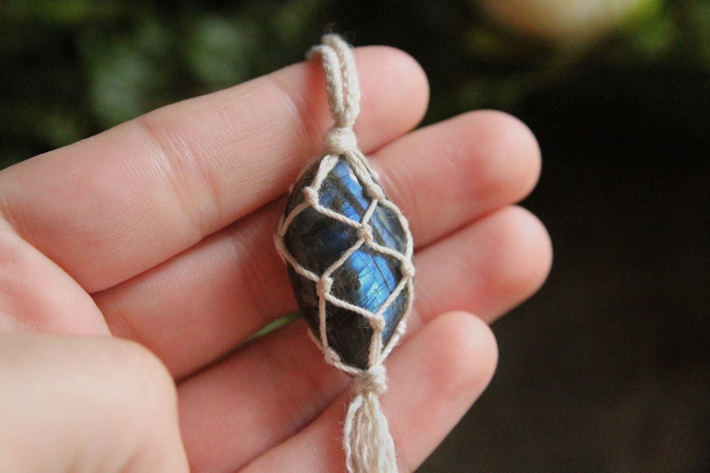 Macrame Polished Labradorite Necklace with Silver Toggle Clasp and Tassel
