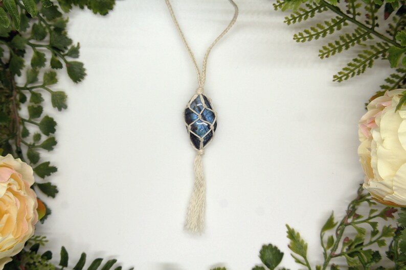 Macrame Polished Labradorite Necklace with Silver Toggle Clasp and Tassel