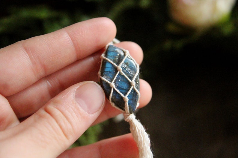 Macrame Polished Labradorite Necklace with Silver Toggle Clasp and Tassel