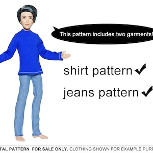 May include: A digital pattern for a blue shirt and jeans. The text "This pattern includes two garments!" is in a speech bubble above the image. The words "shirt pattern" and "jeans pattern" are written below the image with check marks next to them.