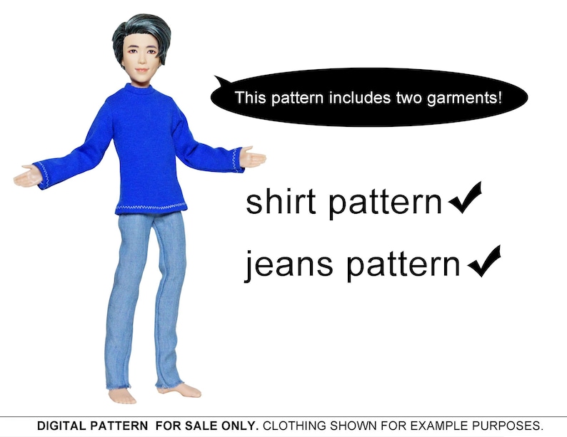 May include: A digital pattern for a blue shirt and jeans. The text "This pattern includes two garments!" is in a speech bubble above the image. The words "shirt pattern" and "jeans pattern" are written below the image with check marks next to them.